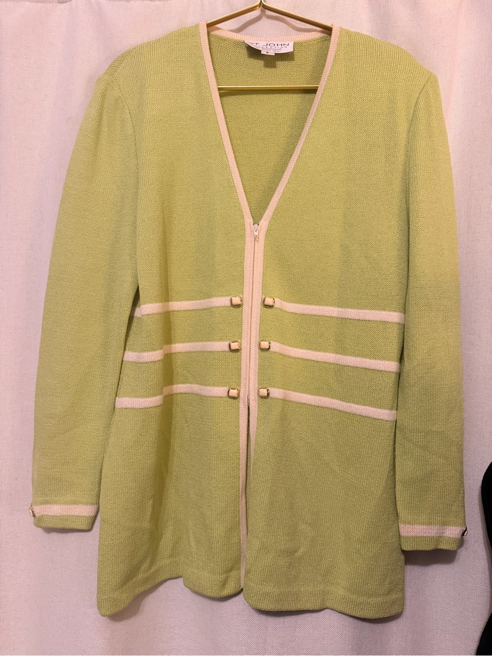 St. John Lime Open-Front Knit Jacket with Cream Trim